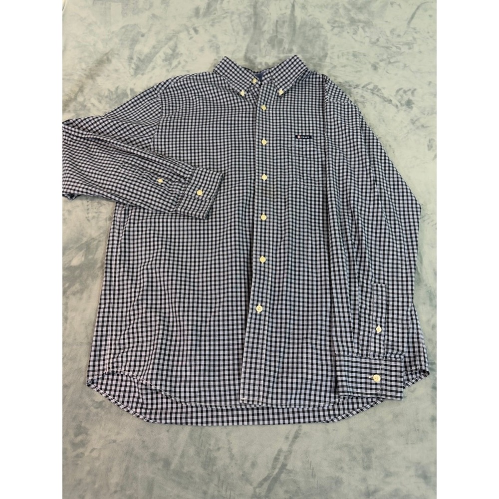 Chaps Mens Large Navy Blue White Gingham Easy Care Button Down Shirt Long Sleeve